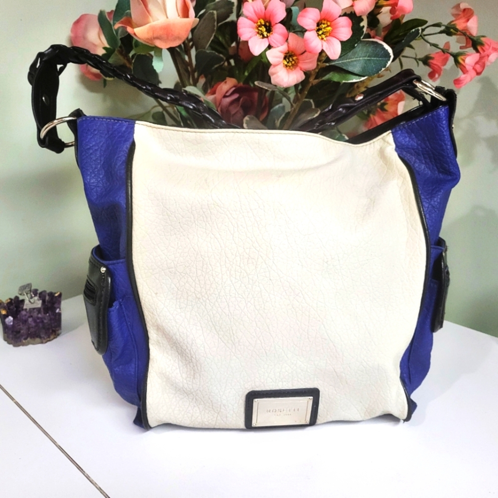 NEW Condition genuine leather blue and white shoulder bag braided leather strap - Picture 1 of 13